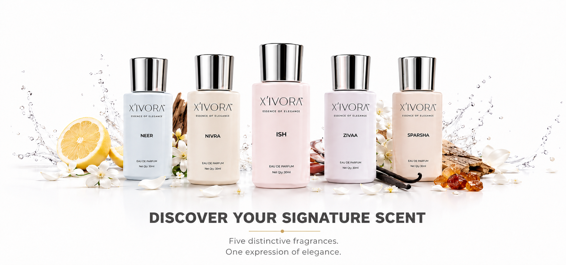 Xivora five fragrance bottles in assorted light colors are lined up on a white background.
