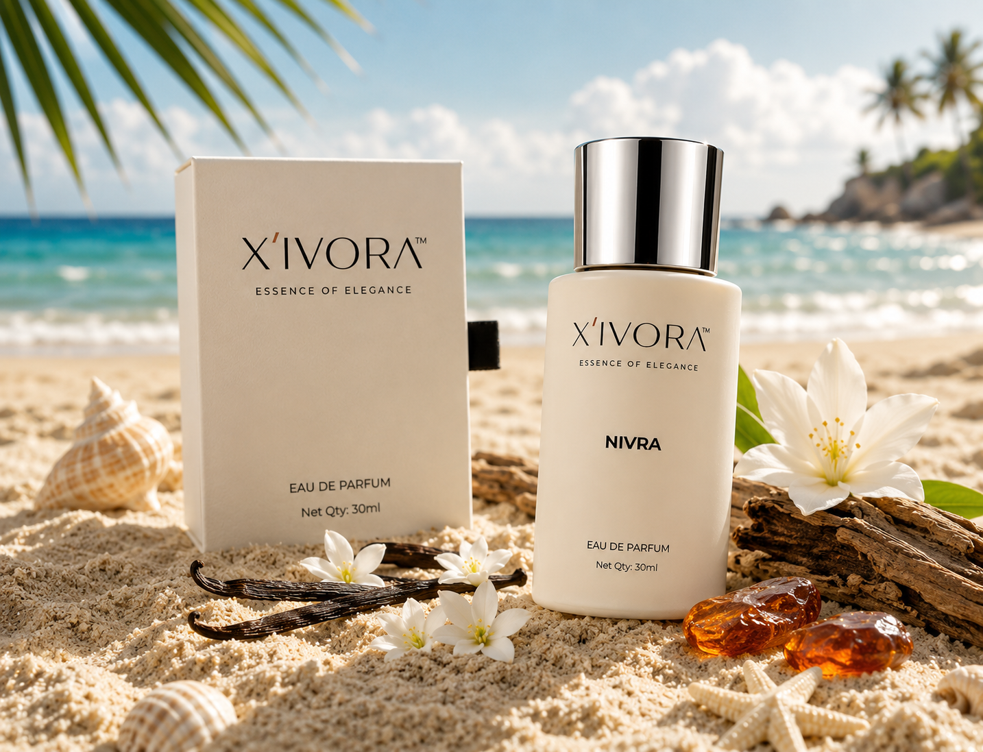 XIVORA Nivra  bottle and box displayed on a sandy beach.