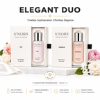 XIVORA Elegant Duo fragrance set displayed on a white marble.