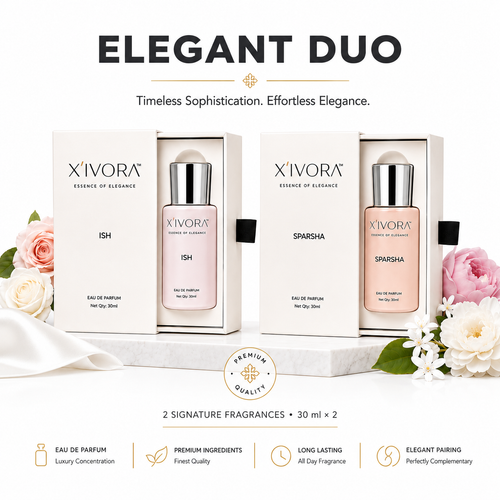 XIVORA Elegant Duo fragrance set displayed on a white marble.