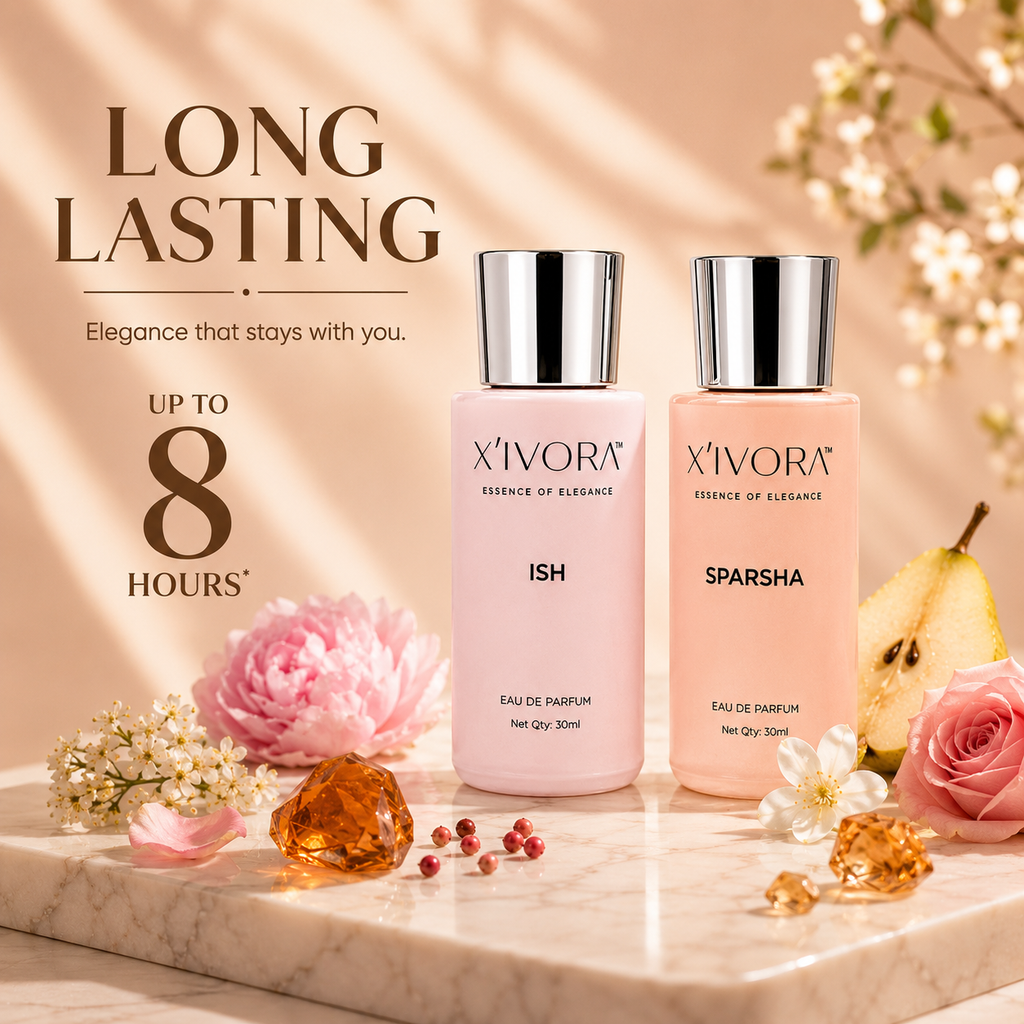 XIVORA perfume ISH and SPARSHA  text reading LONG LASTING UP TO 8 HOURS.