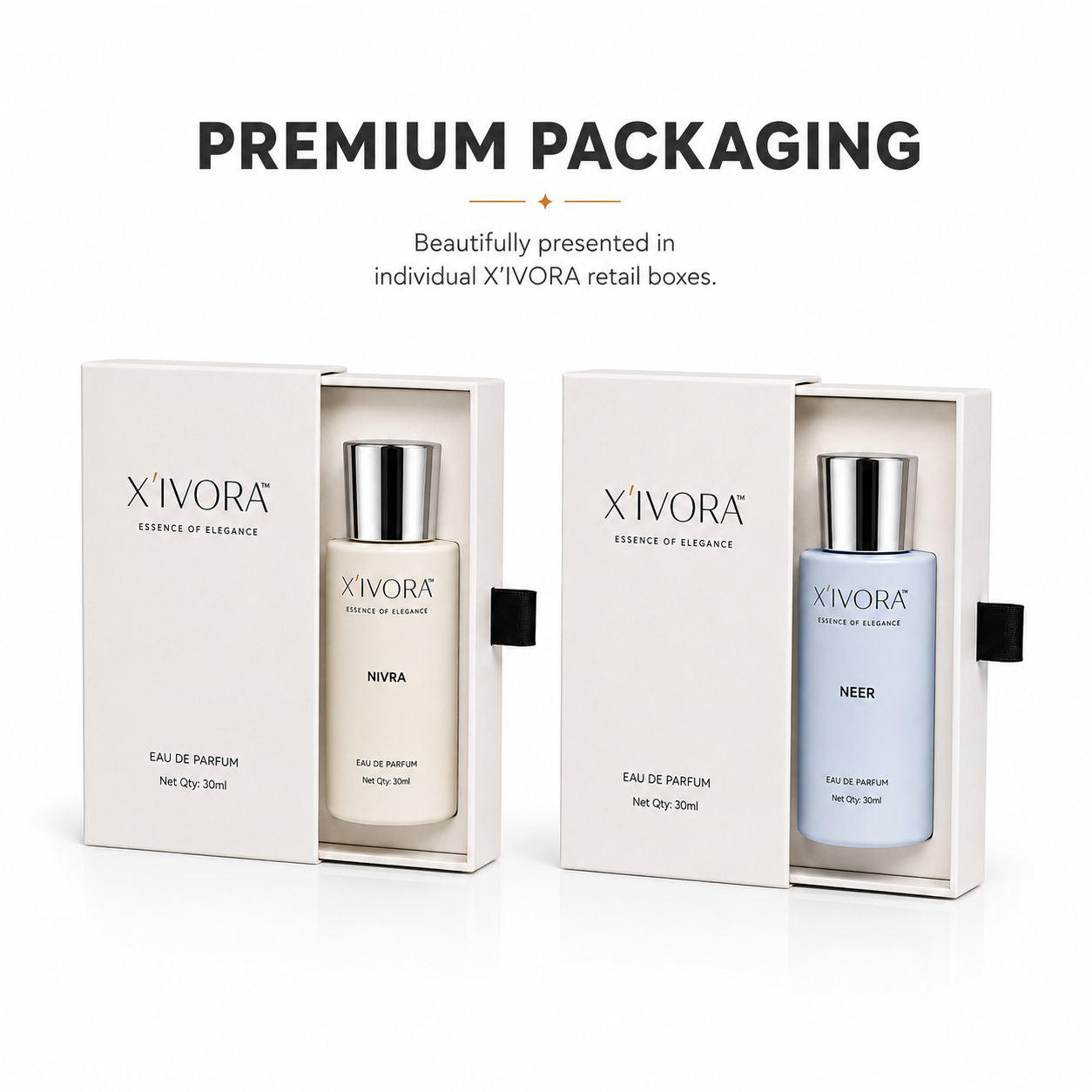 Xivora perfume retail boxes showing PREMIUM PACKAGING.