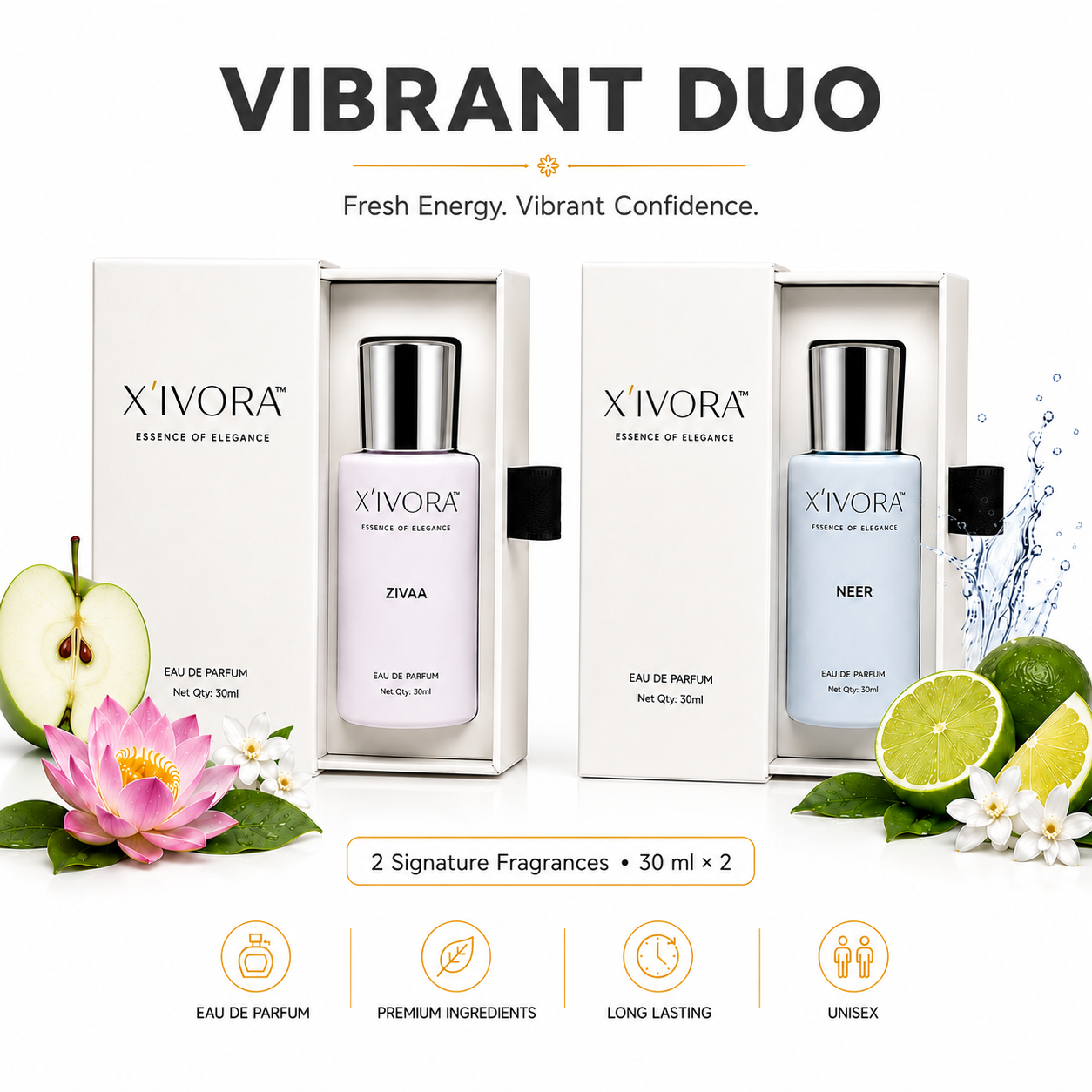 XIVORA Zivaa and Neer presented in their packaging boxes.
