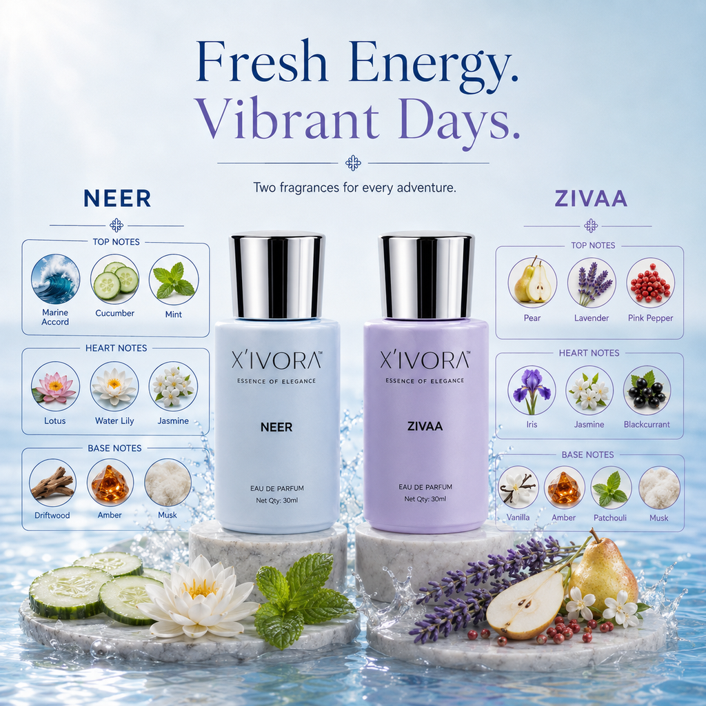 XIVORA NEER and ZIVAA perfume bottles with ingredient callouts and notes