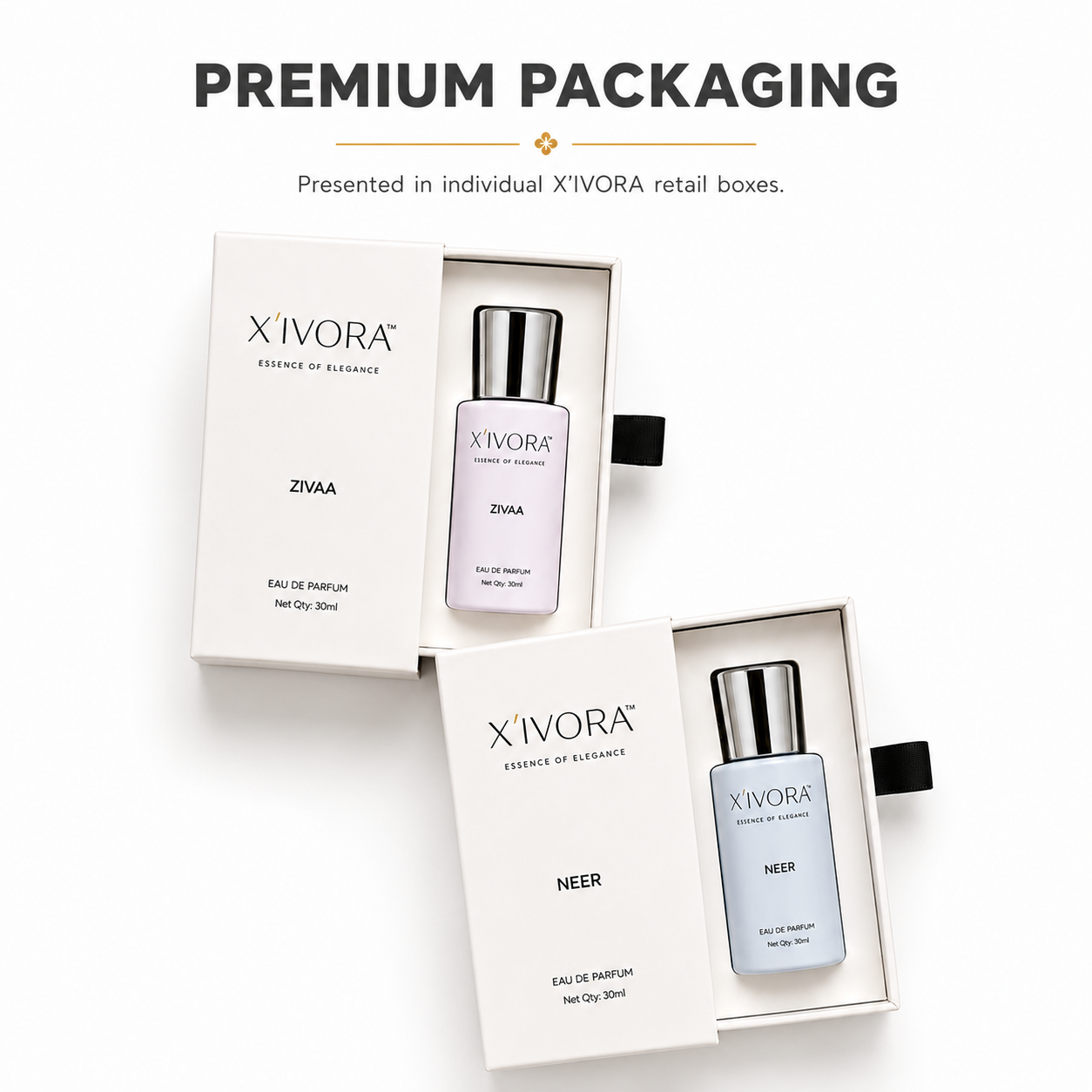 XIVORA perfume bottles displayed in their individual retail boxes.