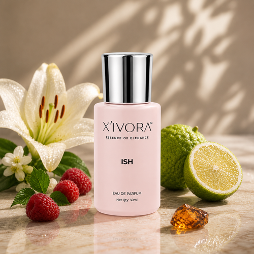 XIVORA ISH EDP bottle styled on a marble surface 