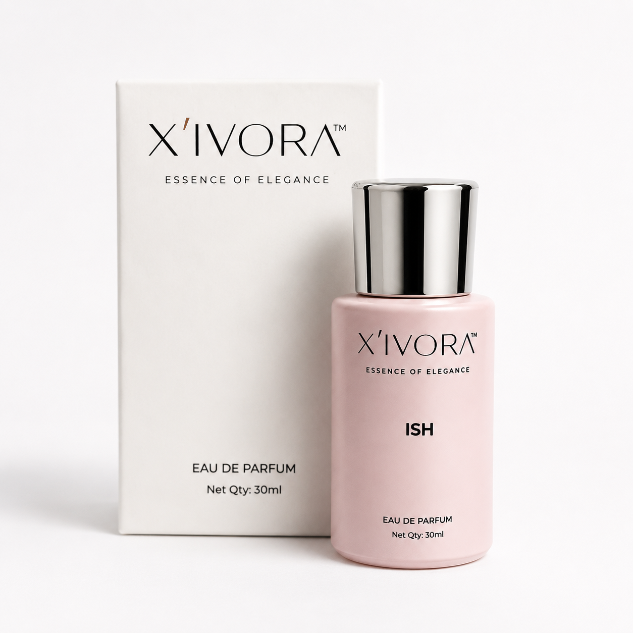 XIVORA ISH Eau De Parfum bottle with premium packaging studio shot
