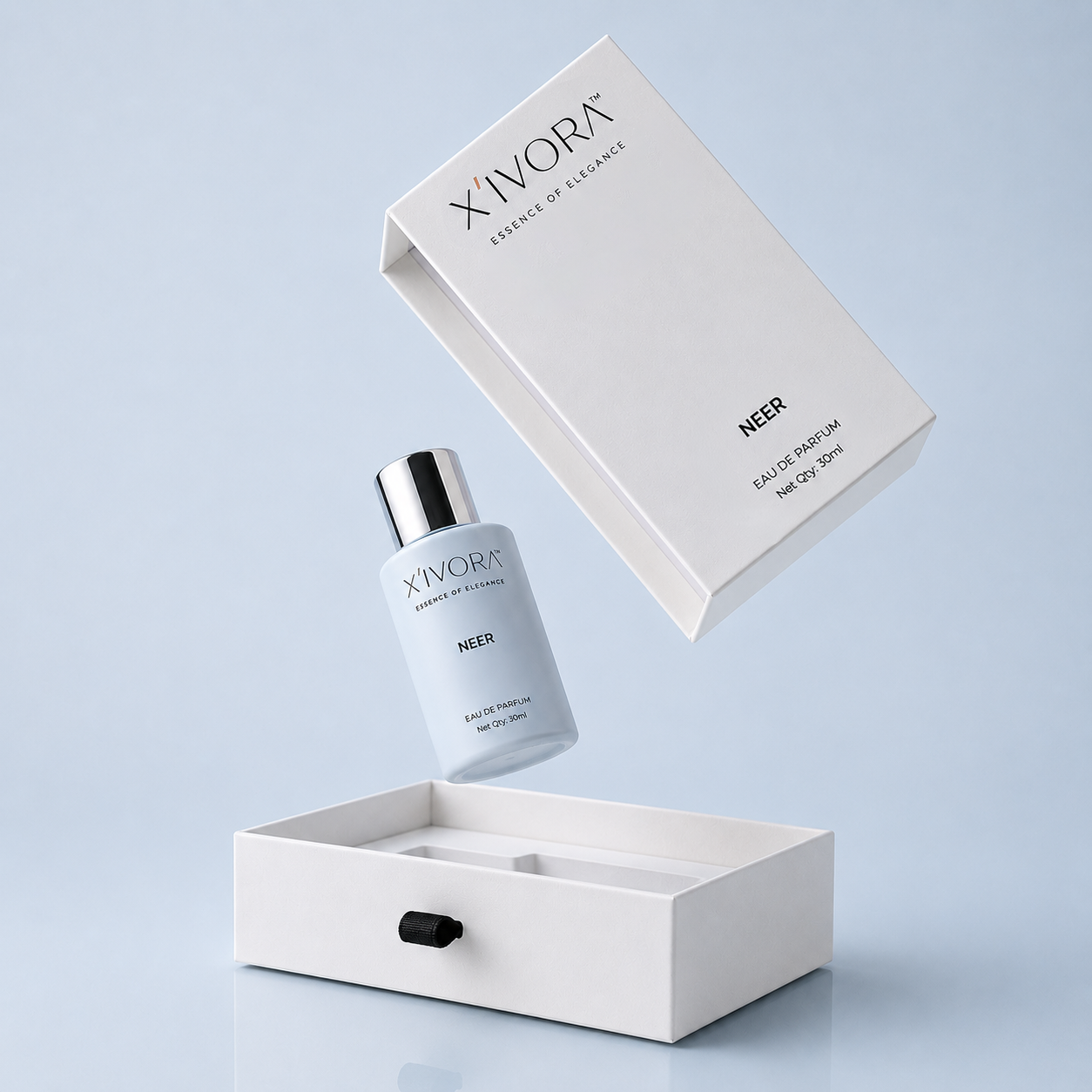 XIVORA NEER floating bottle and luxury packaging campaign