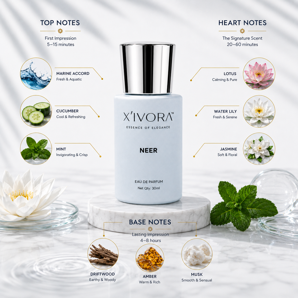 XIVORA Neer fragrance notes illustrated around it.