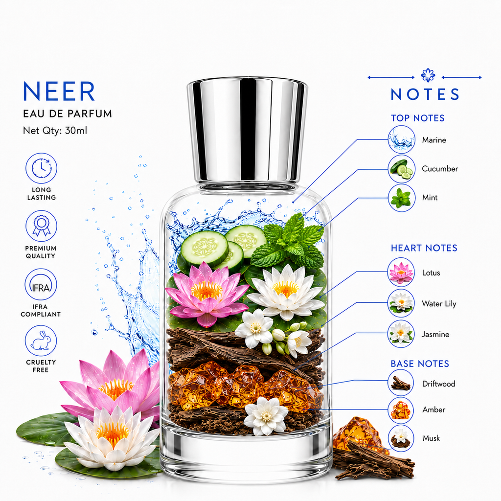 XIVORA Neer layered ingredients image includes scent notes and icons