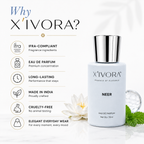 XIVORA Neer EDP bottle on with promotional text and icons.