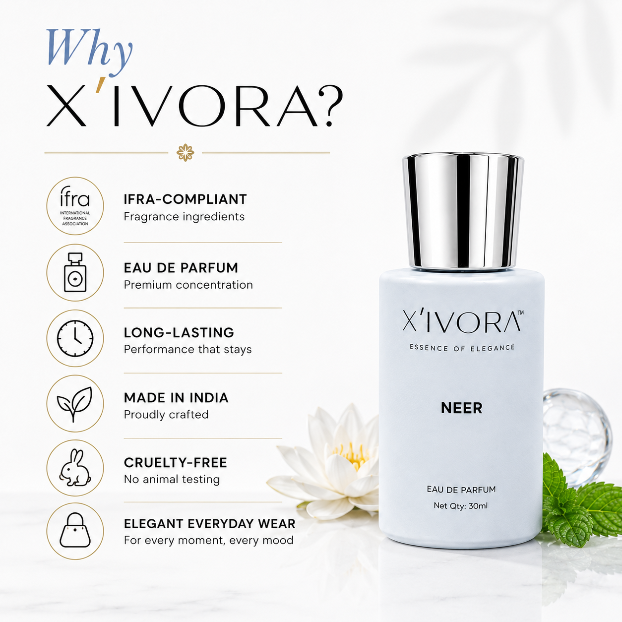 XIVORA Neer EDP bottle on with promotional text and icons.