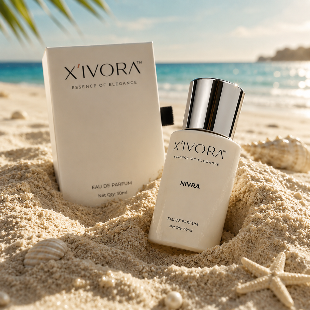 XIVORA NIVRA perfume bottle placed on beach sand