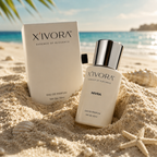 XIVORA NIVRA perfume bottle placed on beach sand