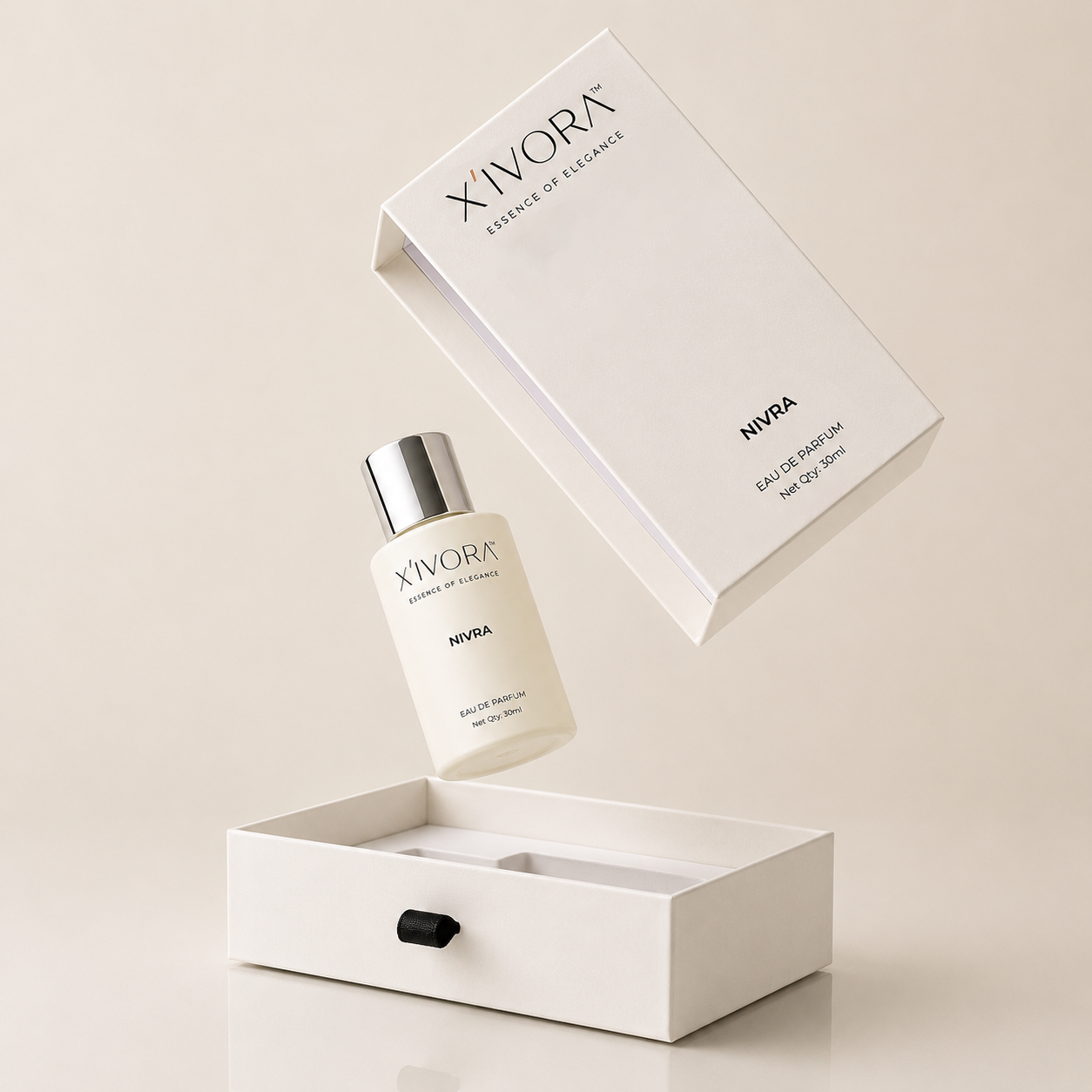 Floating XIVORA NIVRA perfume and premium box concept
