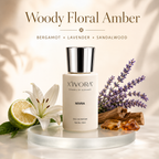 XIVORA Nivra Woody Floral Amber perfume bottle displayed at the top.