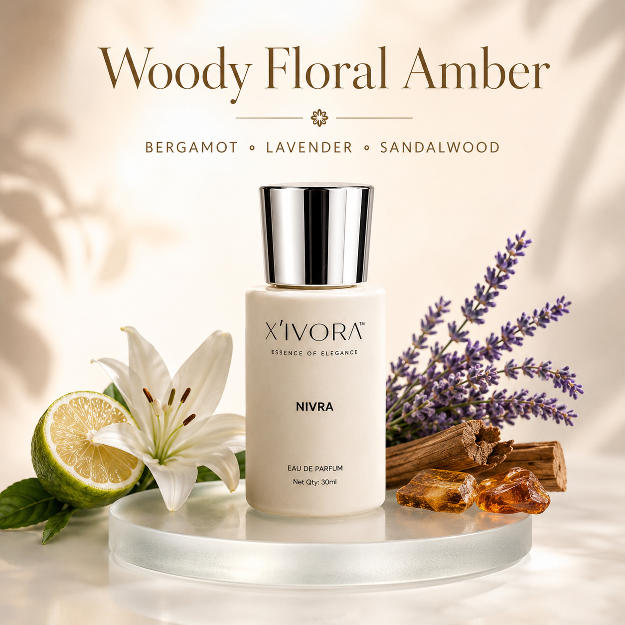 XIVORA Nivra Woody Floral Amber perfume bottle displayed at the top.