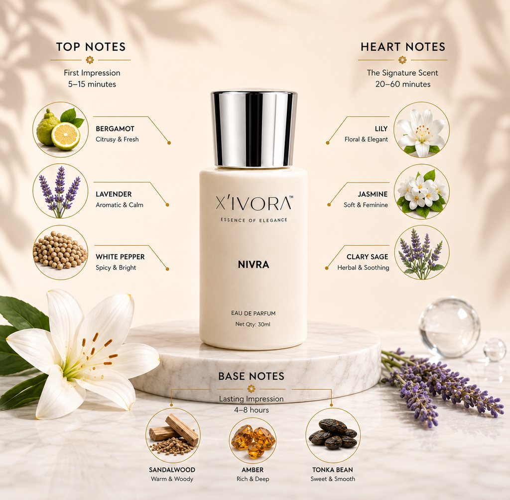 XIVORA Nivra fragrance notes illustrated around it.