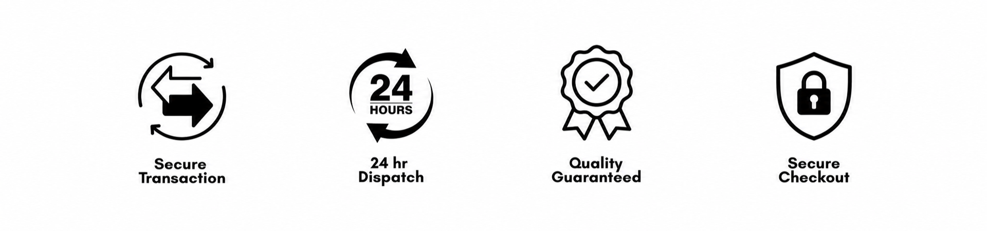X'IVORA Four black icon-style service badges: Secure Transaction, 24 hr Dispatch, Quality Guaranteed, and Secure Checkout.