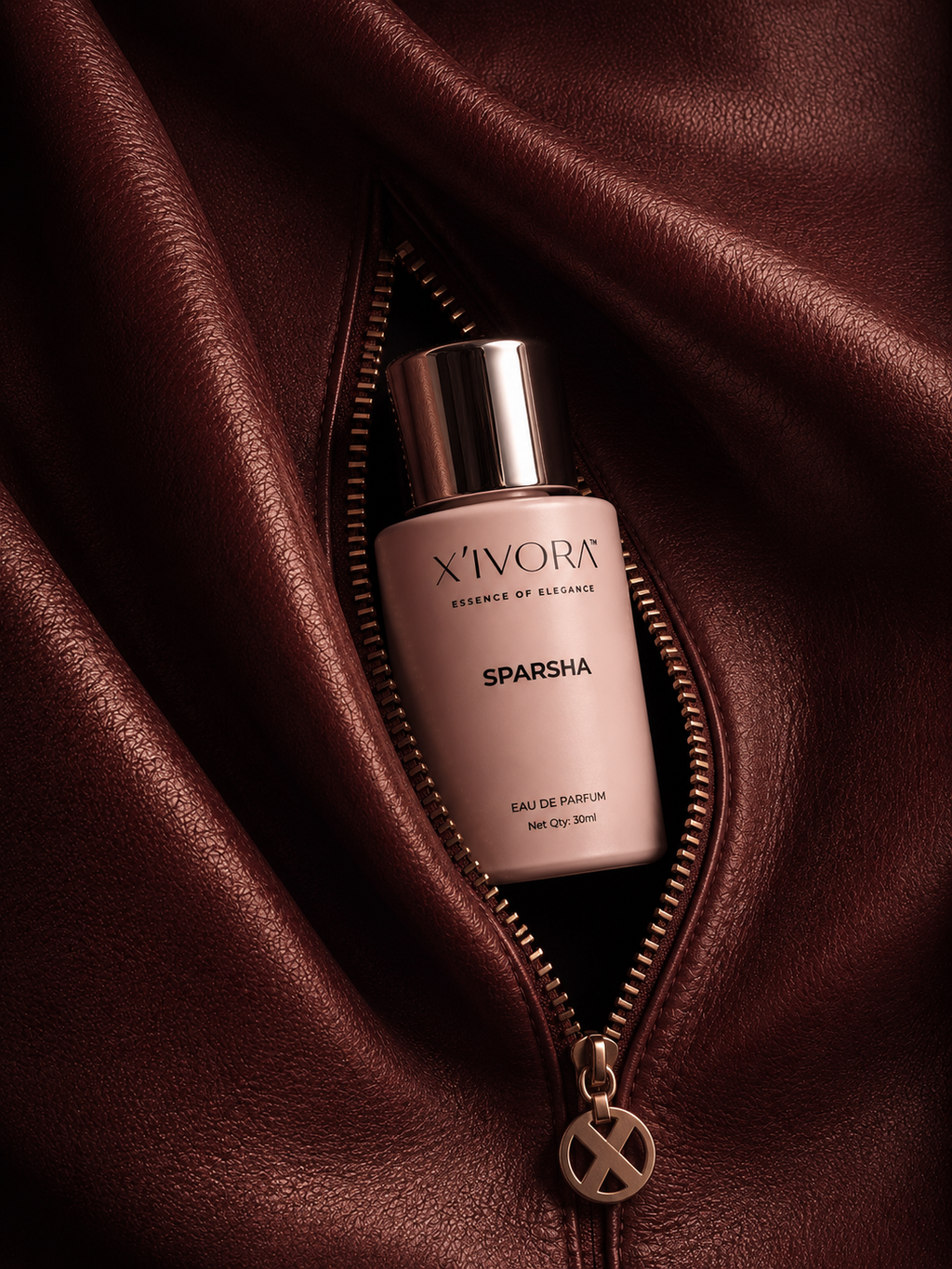 XIVORA SPARSHA perfume inside luxury leather zipper concept