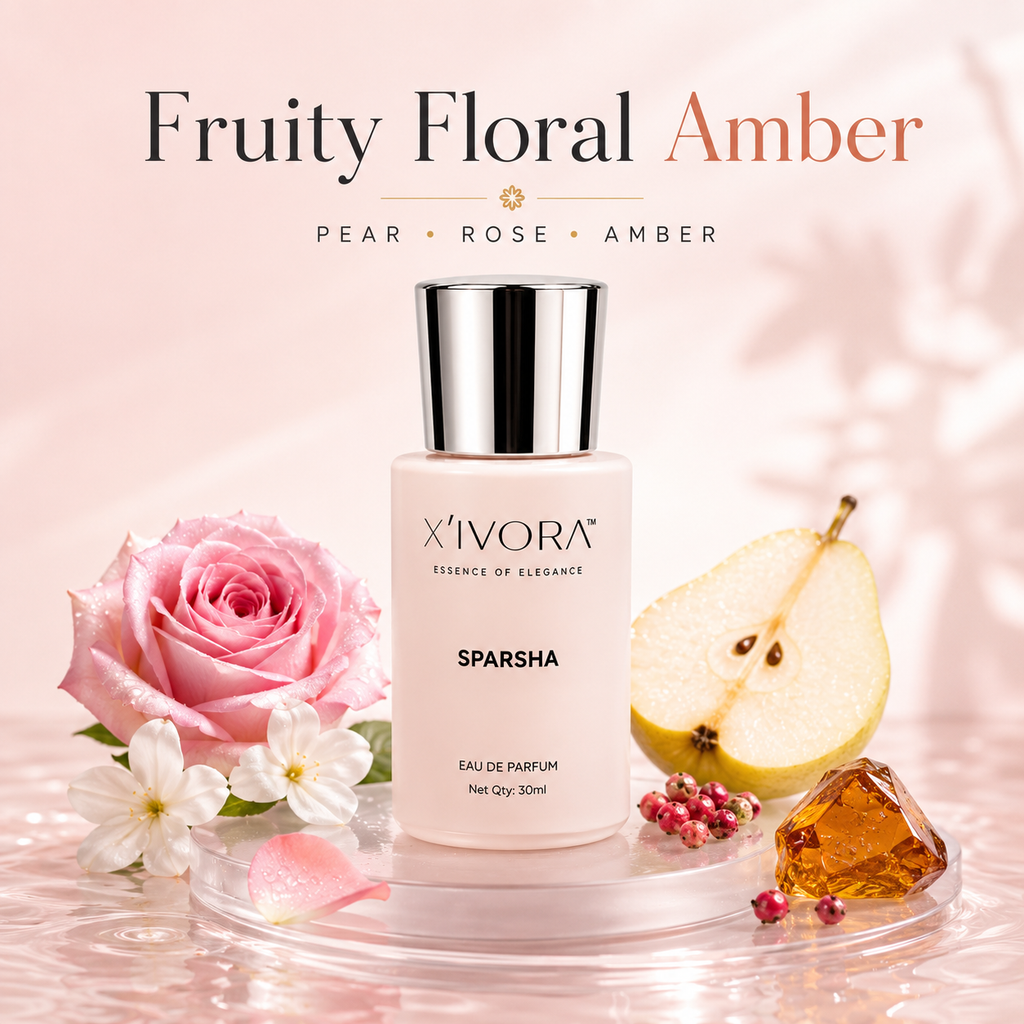 Xivora Sparsha Fruity Floral Amber text displayed at the top.