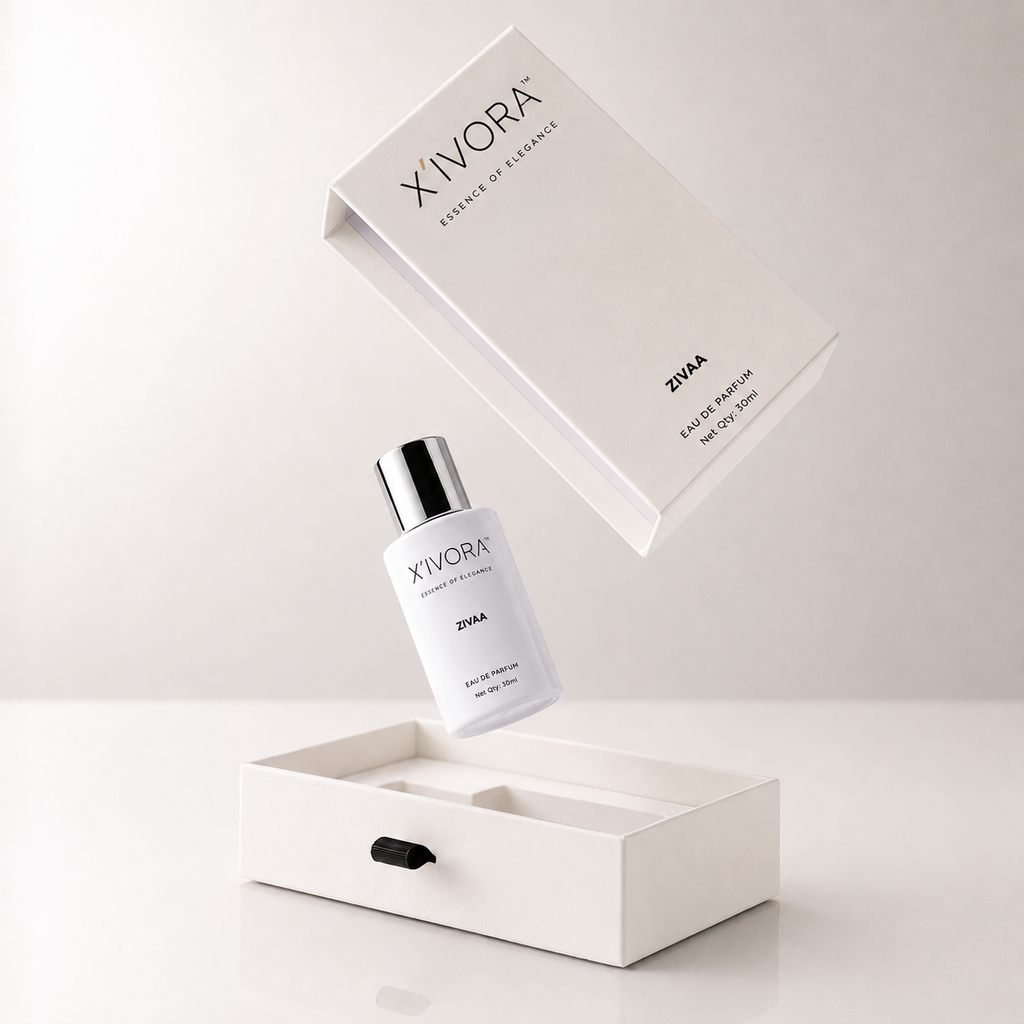 Floating XIVORA ZIVAA perfume bottle with premium packaging