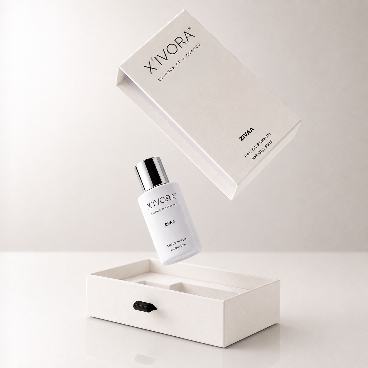 Floating XIVORA ZIVAA perfume bottle with premium packaging