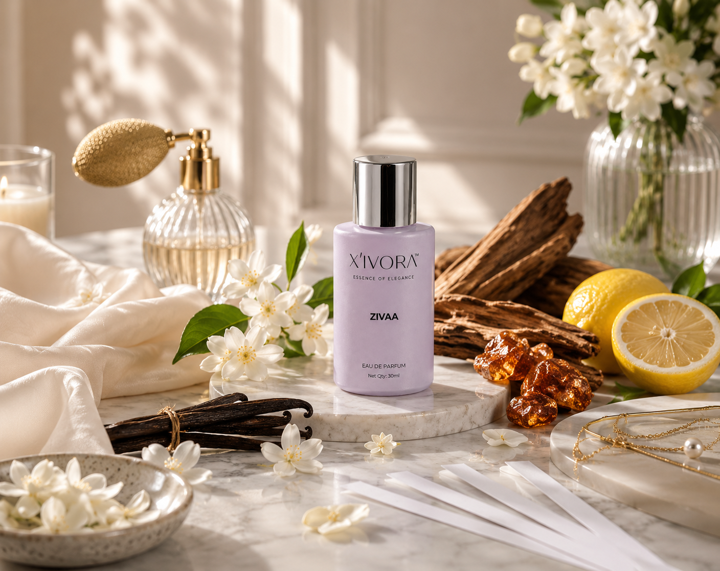 XIVORA Zivaa Eau de Parfum styled tabletop scene.