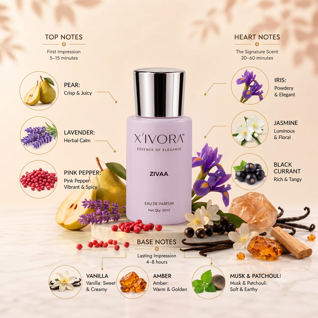 Xivora Zivaa scent labels top, heart, and base notes around the bottle.