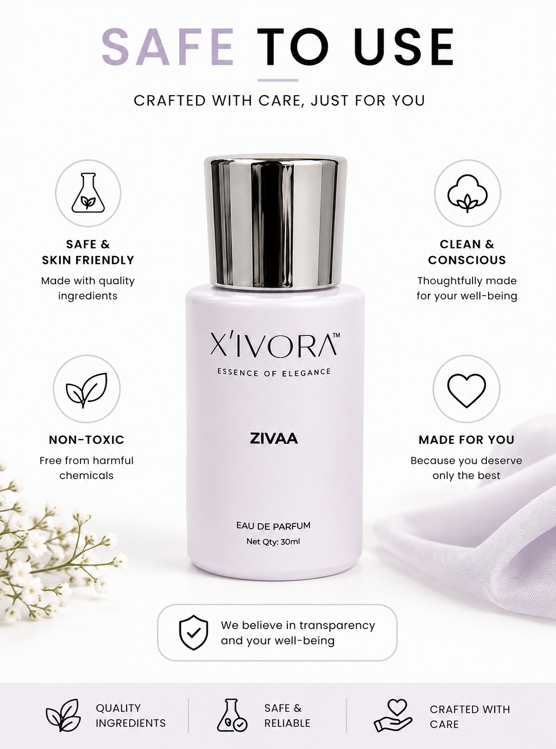 XIVORA Zivaa SAFE TO USE, skin friendly, conscious, non-toxic ,EDP made for you.